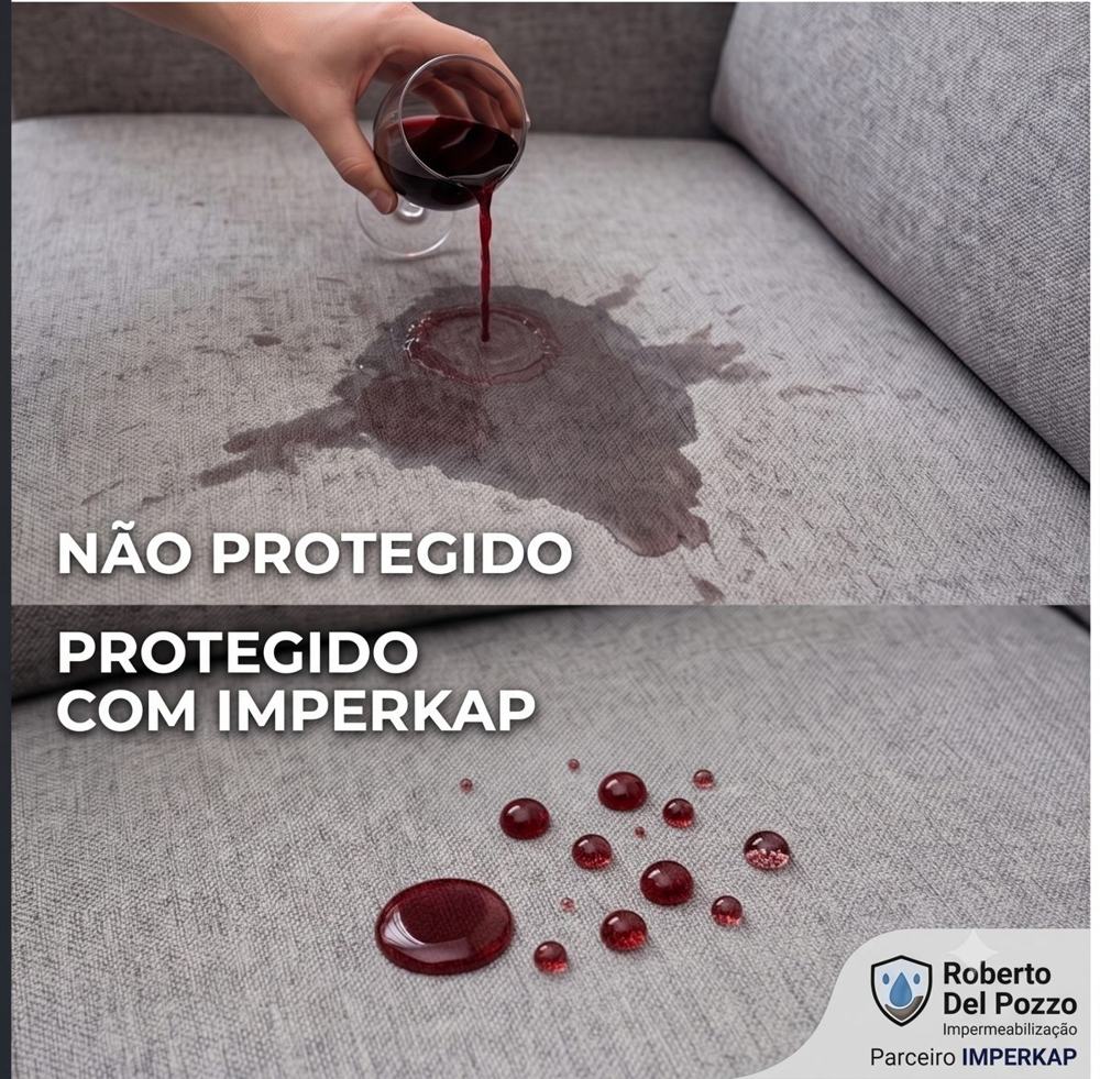 Comparativo: sofá não protegido com mancha de vinho espalhada versus sofá protegido onde o vinho fica em gotas na superfície