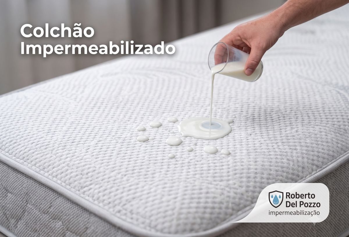 Leite derramado sobre colchão impermeabilizado, formando gotas na superfície sem penetrar