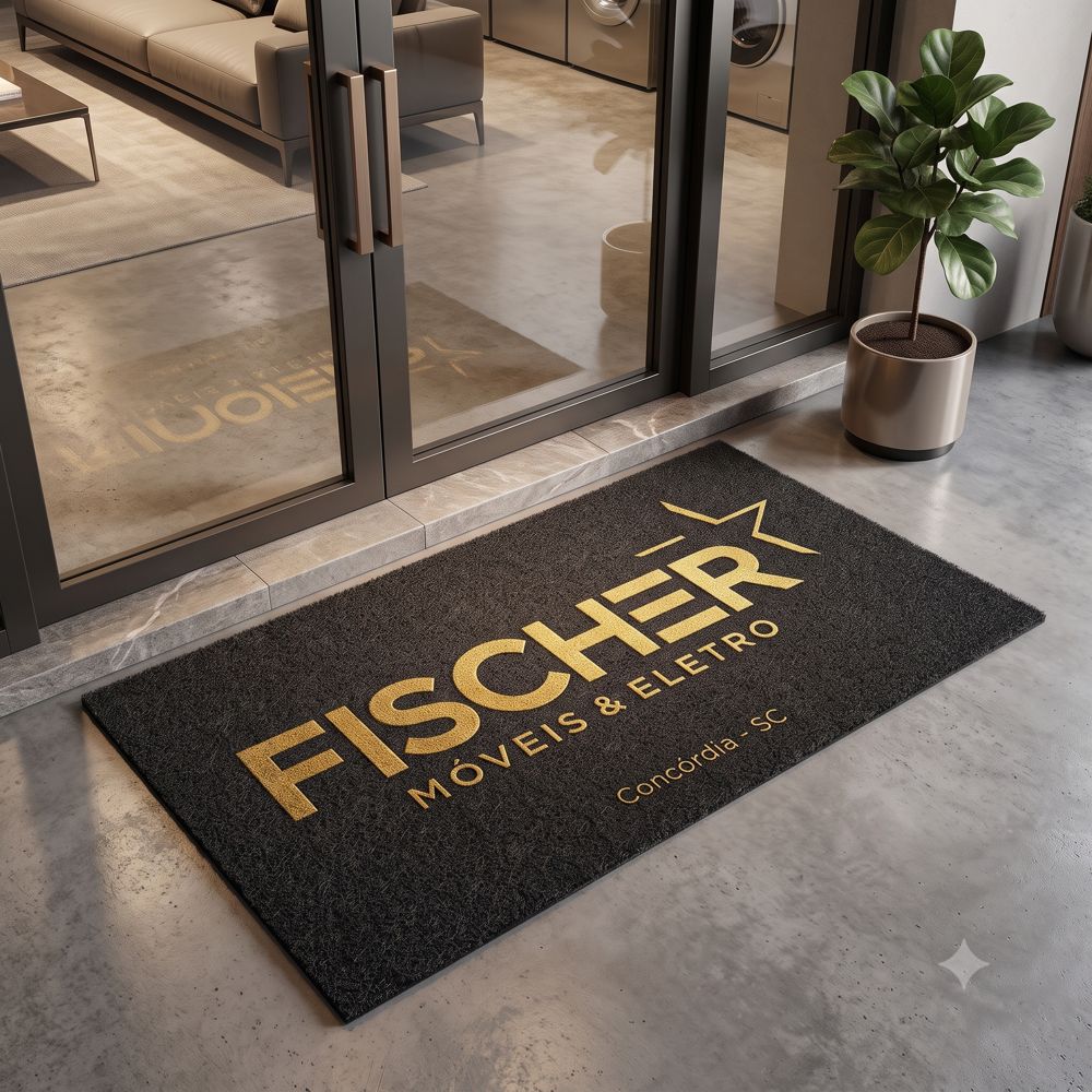 Tapete personalizado dourado sobre fundo preto na entrada da Fischer Móveis & Eletro