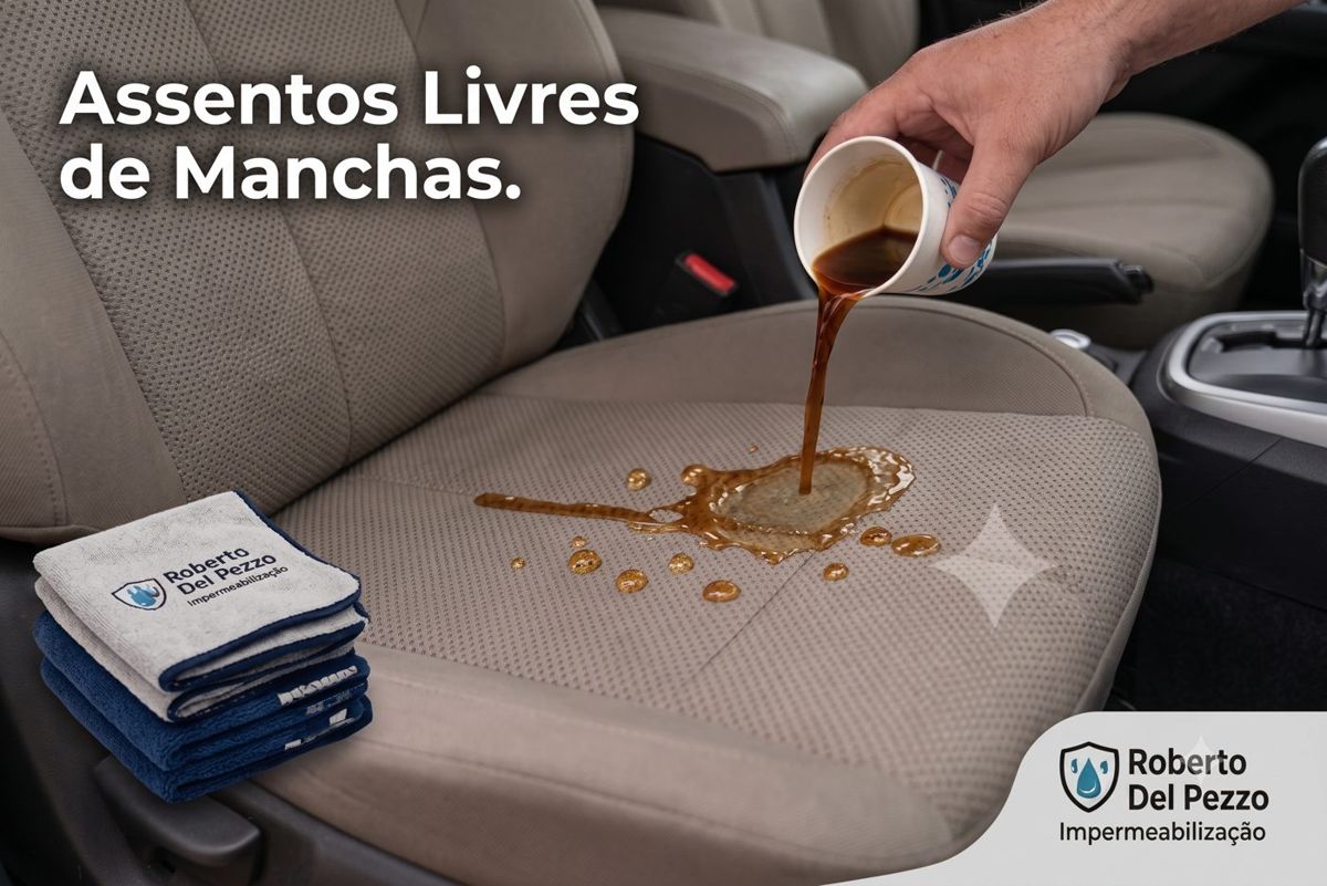 Café derramado sobre banco de carro impermeabilizado, formando gotas sem manchar